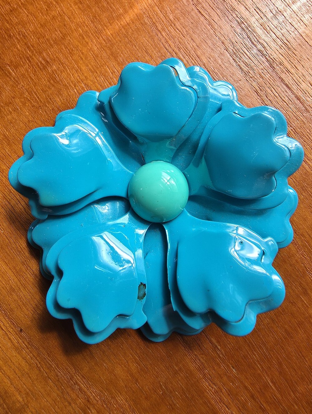 Vintage 1960s Metal Flower Brooch, Teal, Green, Two Tone Pin.